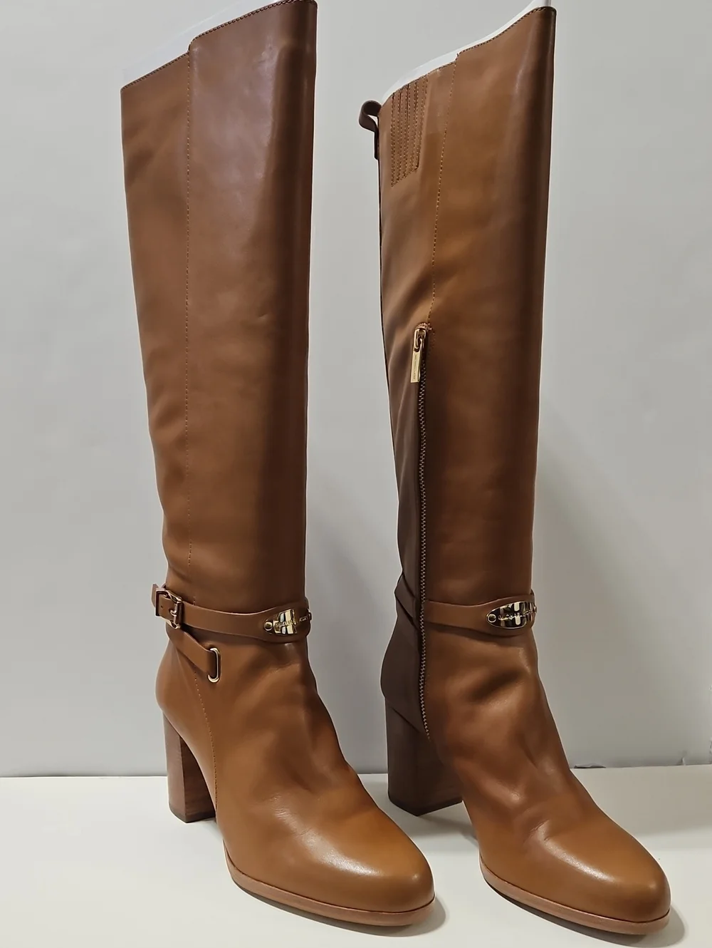 Michael Kors Arley Women's Luggage Brown Leather Riding Boots w/ Block Heel